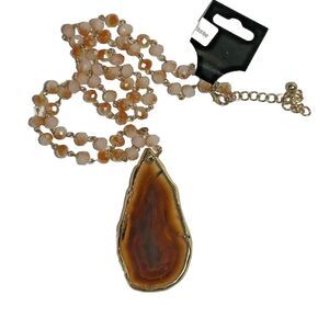 Agate Teardrop Pendant Necklace 3"‎ Beaded Peaches & Cream Boho Jewelry